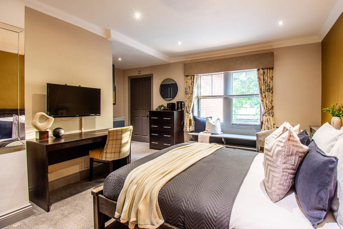 A hotel room with a bed, a desk, a chair, a TV, a window with curtains, and a plant.