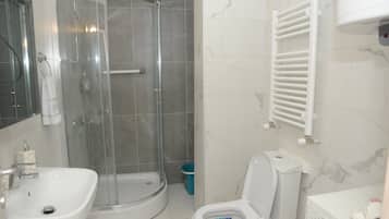 Hair dryer, towels, soap, toilet paper