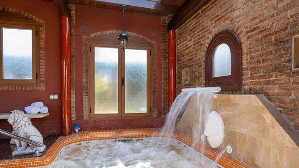 Een whirlpool met een waterval, een leeuwenbeeld en uitzicht op het landschap door een raam.