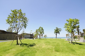 A grassy outdoor area with trees and a view of the ocean.