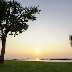 Enjoy a serene beachfront setting with a clear ocean view and a grassy area.