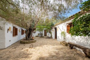 A courtyard with stone flooring, white walls, wooden doors, and a large tree. - Vacation Home "Cortijo Rural Las Aves" with Shared Pool & Shared Garden (jimena de la frontera)