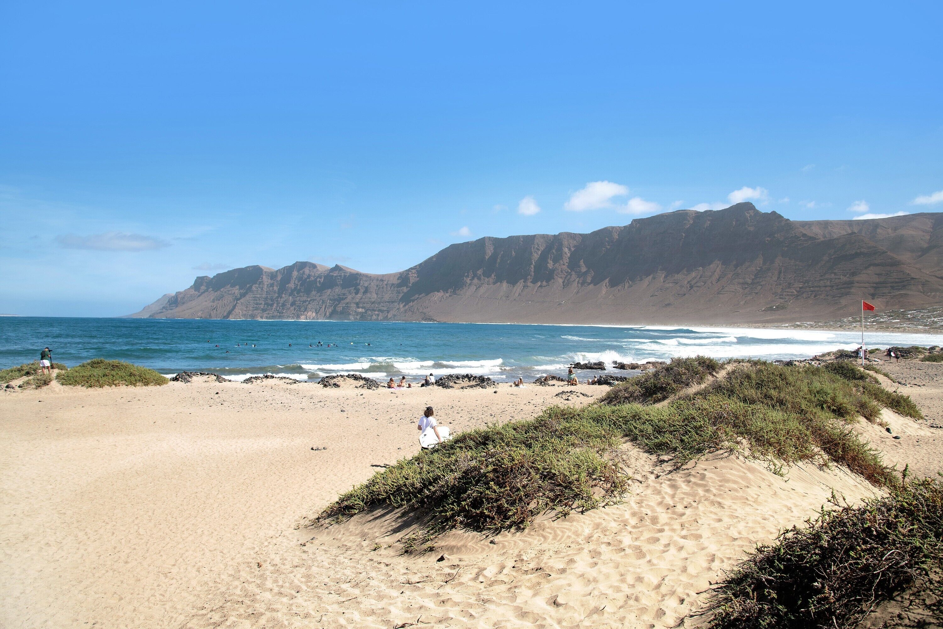 A beach with sand dunes, a flag, and a person walking.