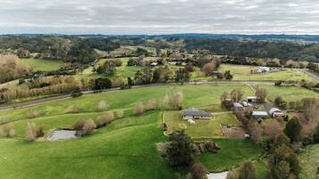 An aerial view of a rural landscape with green fields, scattered trees, and a few buildings.
