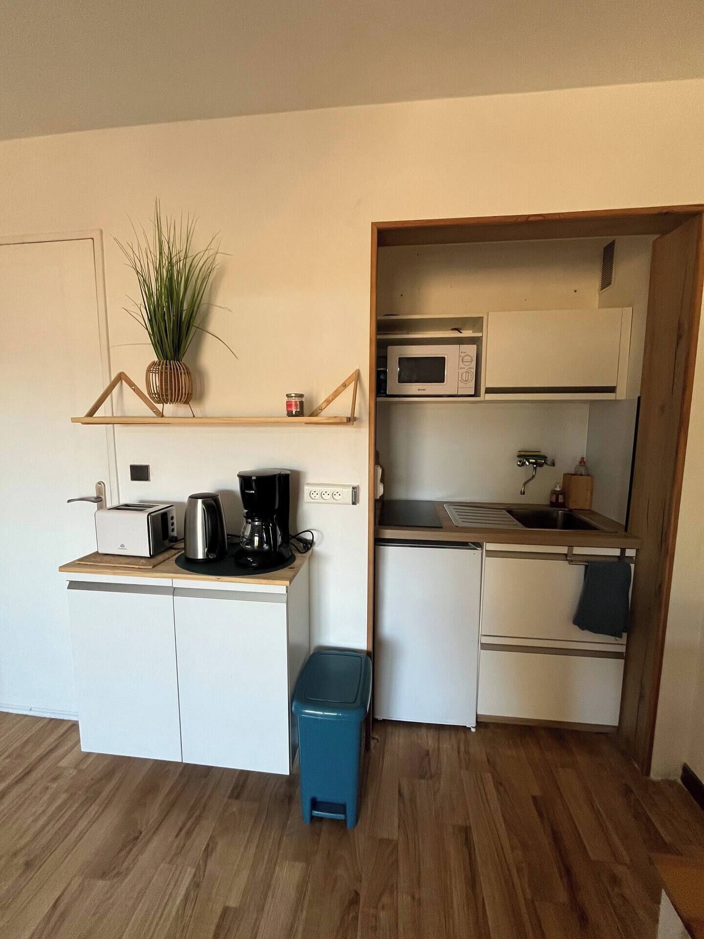 Une cuisine compacte équipée d’un four à micro-ondes, d’un grille-pain et d’une machine à café sur un plan de travail en bois, d’une petite poubelle et d’une plante en pot posée sur une étagère.