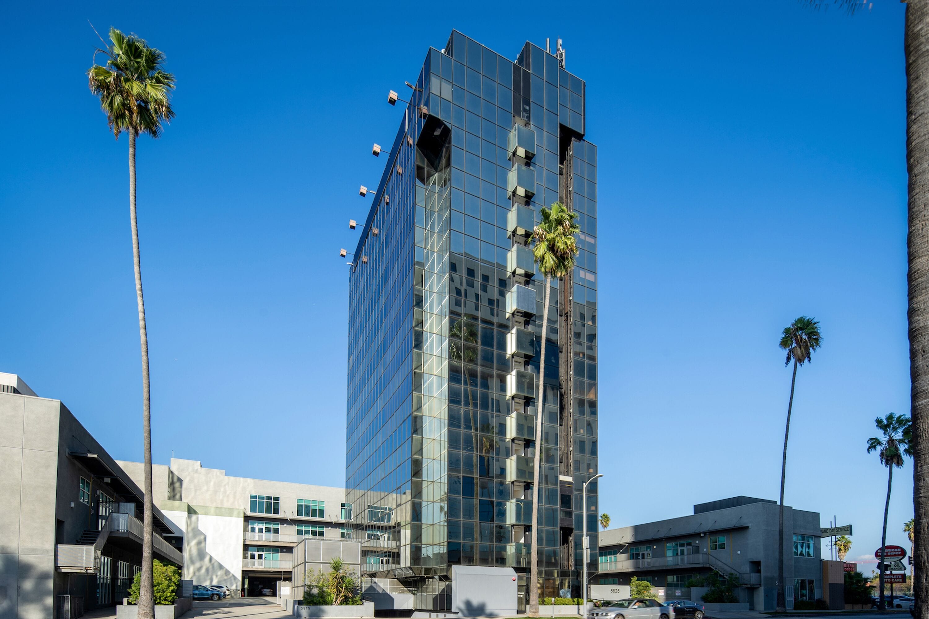 A modern high-rise building with a glass facade, surrounded by palm trees and other buildings.