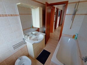 Shower, free toiletries, hair dryer, bidet