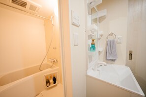 Combined shower/tub, hair dryer, slippers, bidet
