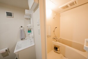 Een bad/douchecombinatie, een haardroger, pantoffels, een bidet