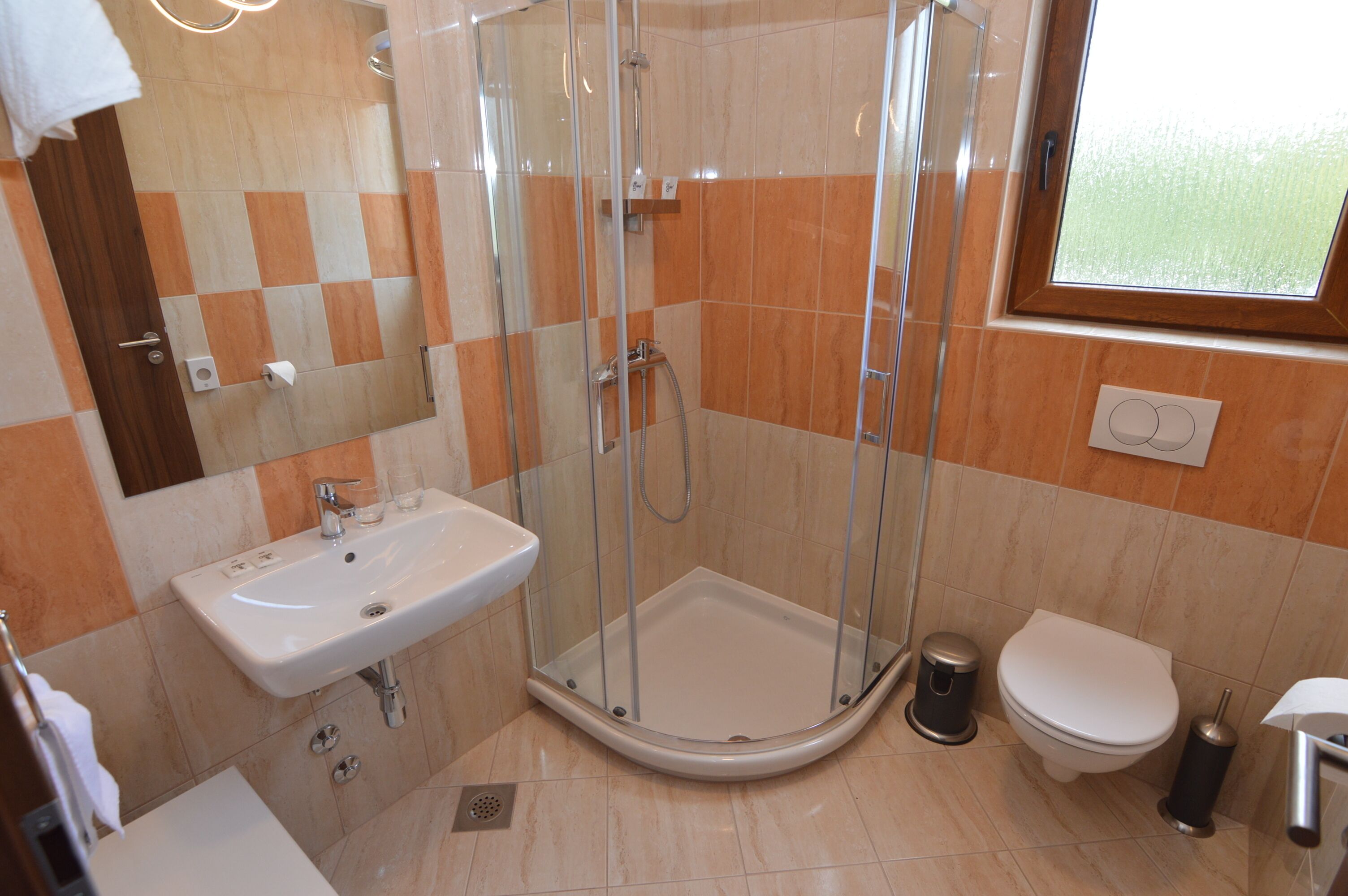 A modern bathroom with a glass-enclosed shower, a sink, and a toilet.
