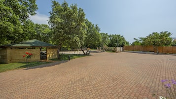 Un pati pavimentat amb una estructura de fusta, arbres i un camí de maó.