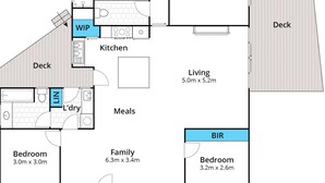 A floor plan with a living area, kitchen, dining room, two bedrooms, a family room, a WIP bathroom, a dry room, and a deck. - Blue Haven at Aireys (Aireys Inlet)