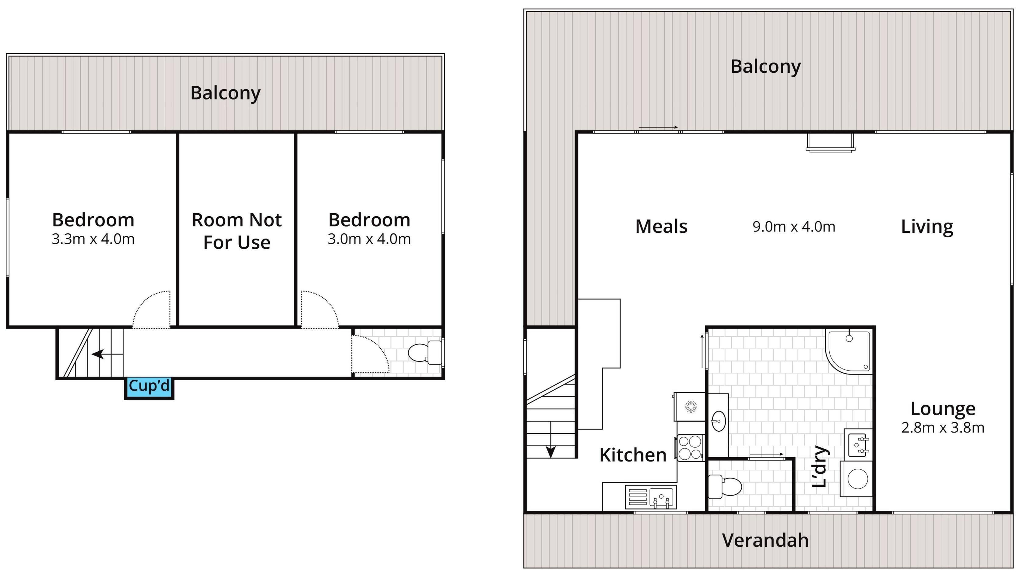 A floor plan with a balcony, two bedrooms, a kitchen, a dining area, and a lounge.