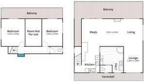 A floor plan with a balcony, two bedrooms, a kitchen, a dining area, and a lounge.