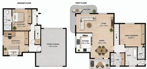 A ground floor layout with two bedrooms, a double garage, and a dining area.