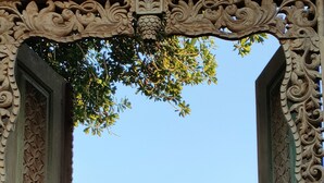 Vista a través de puertas de madera decoradas a un jardín con una montaña al fondo.