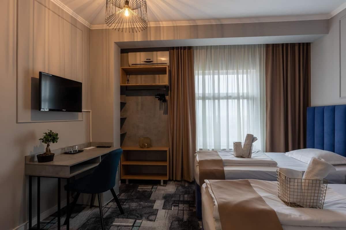 Hotelkamer met bureau, stoel, twee bedden, televisie, kleine plant en raam met gordijnen.