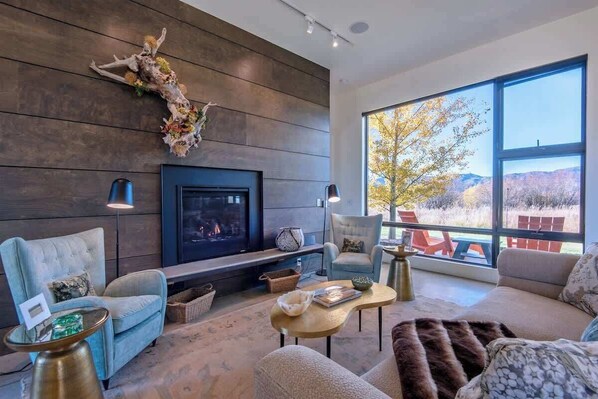 Smart TV, chimenea, libros, oficina