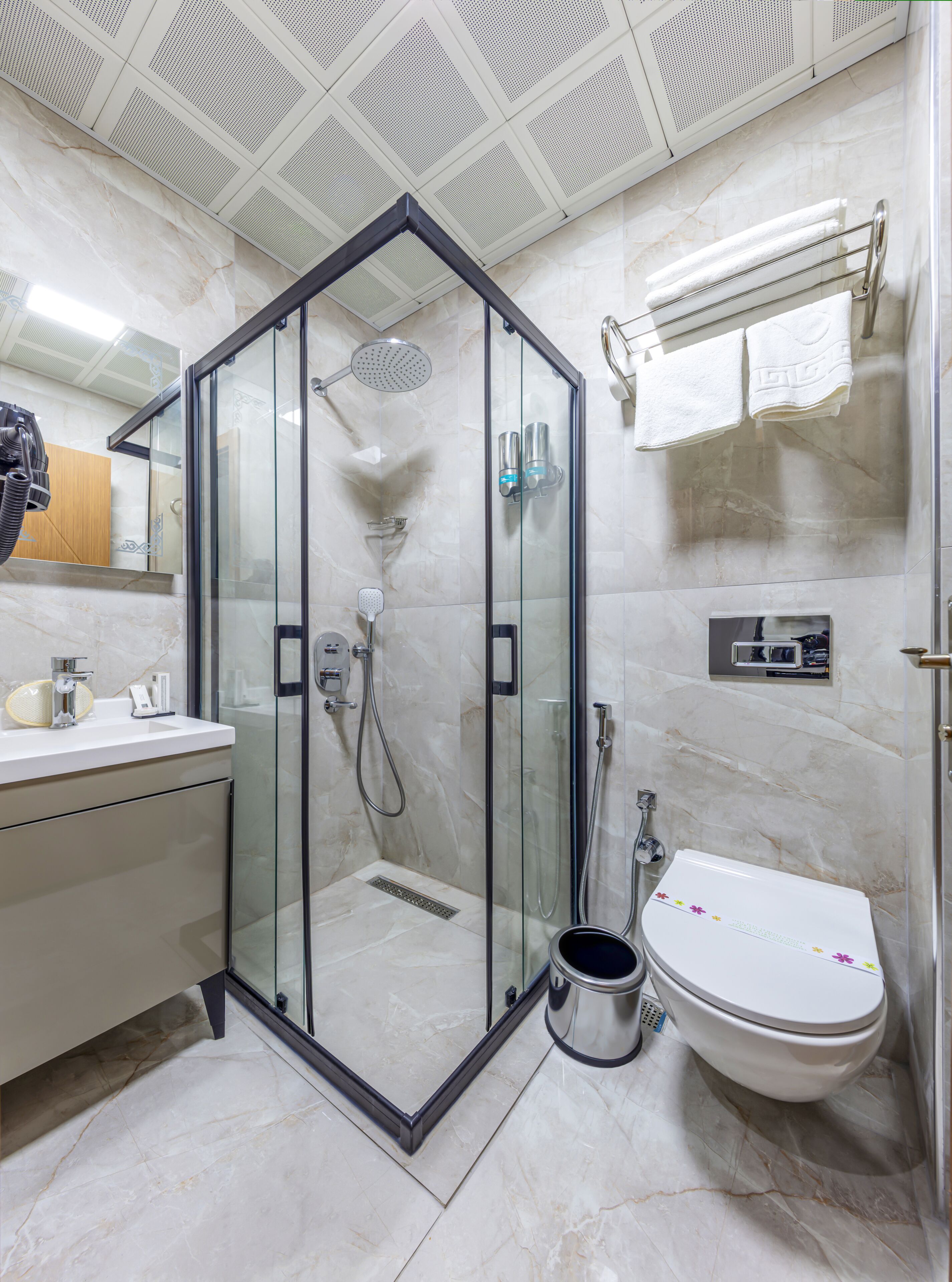 A modern bathroom with a glass-enclosed shower, a white sink, and a toilet.