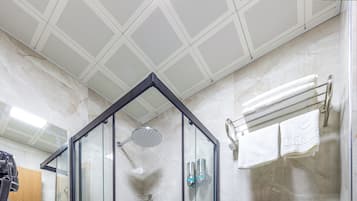 A modern bathroom with a glass-enclosed shower, a white sink, and a toilet.