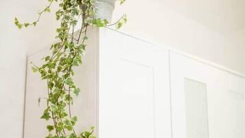 Um guarda-roupa branco com uma planta pendente.