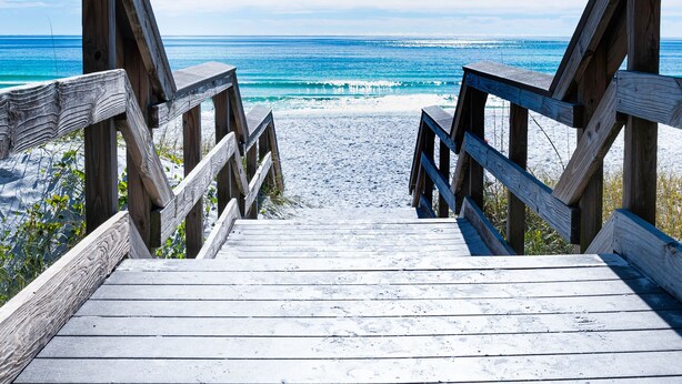 A wooden staircase leading to a beach with a view of the ocean. - Seascape Villa 35D*Quiet Villa*Beach Access*Pools* (Miramar Beach)