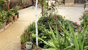 Um pátio com jardim, plantas em vasos, um pilar branco e móveis para área externa.