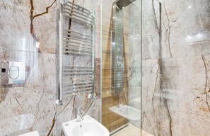 Shower, hair dryer, bidet, towels