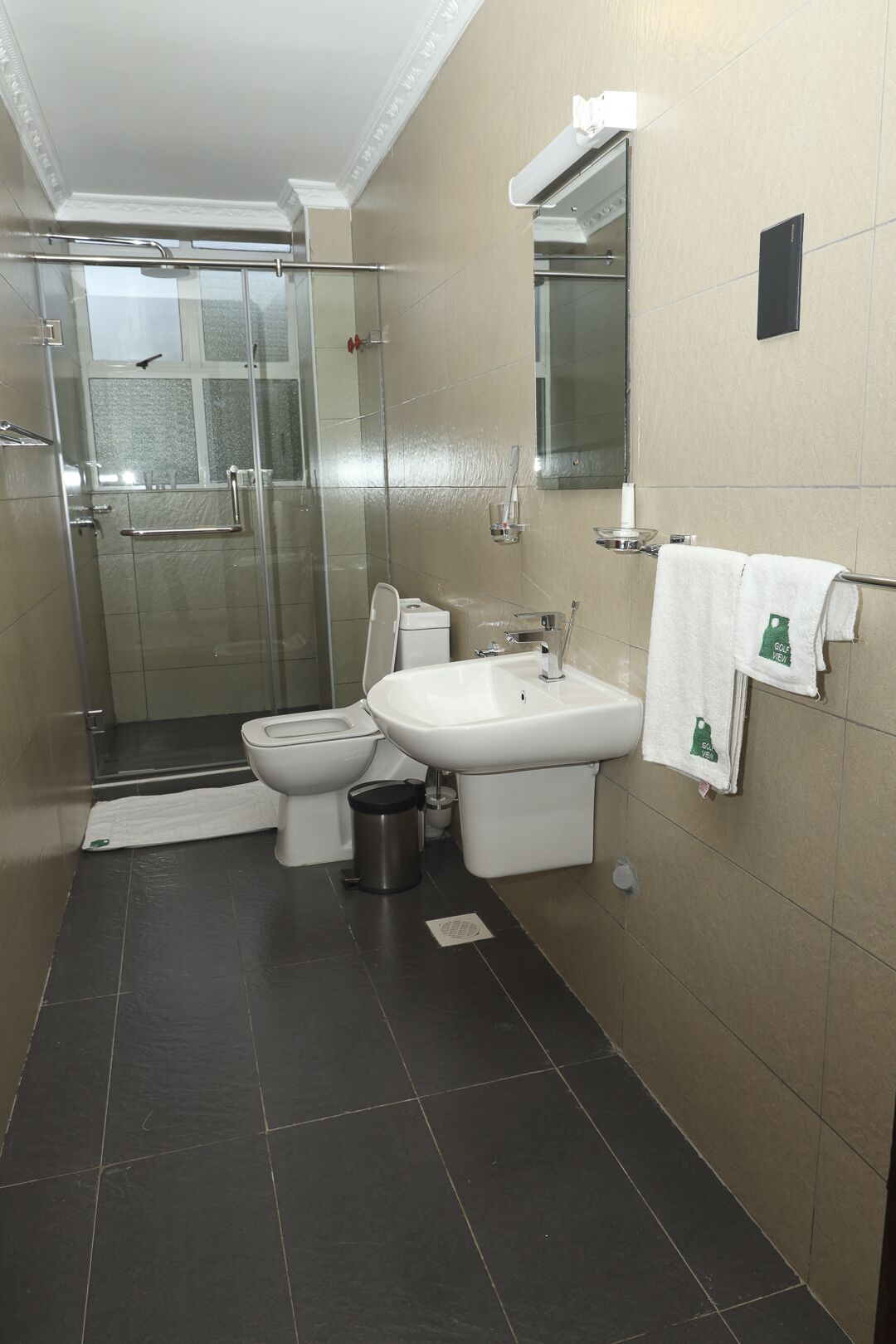 A modern bathroom with a glass-enclosed shower, a white toilet, a sink, and a mirror.