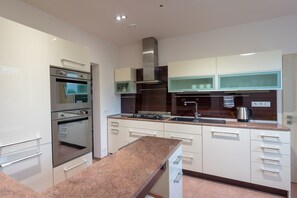 Full-sized fridge, microwave, oven, stovetop