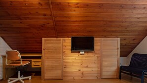 Habitación con techo de madera, televisor en la pared, una silla y un sofá.