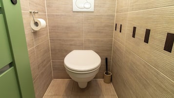 Un baño pequeño y moderno con inodoro, dispensador de papel higiénico y bidé.