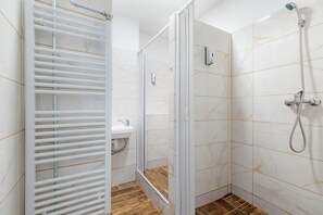 Zona de ducha con mampara de vidrio, lavamanos blanco y ducha de mano.