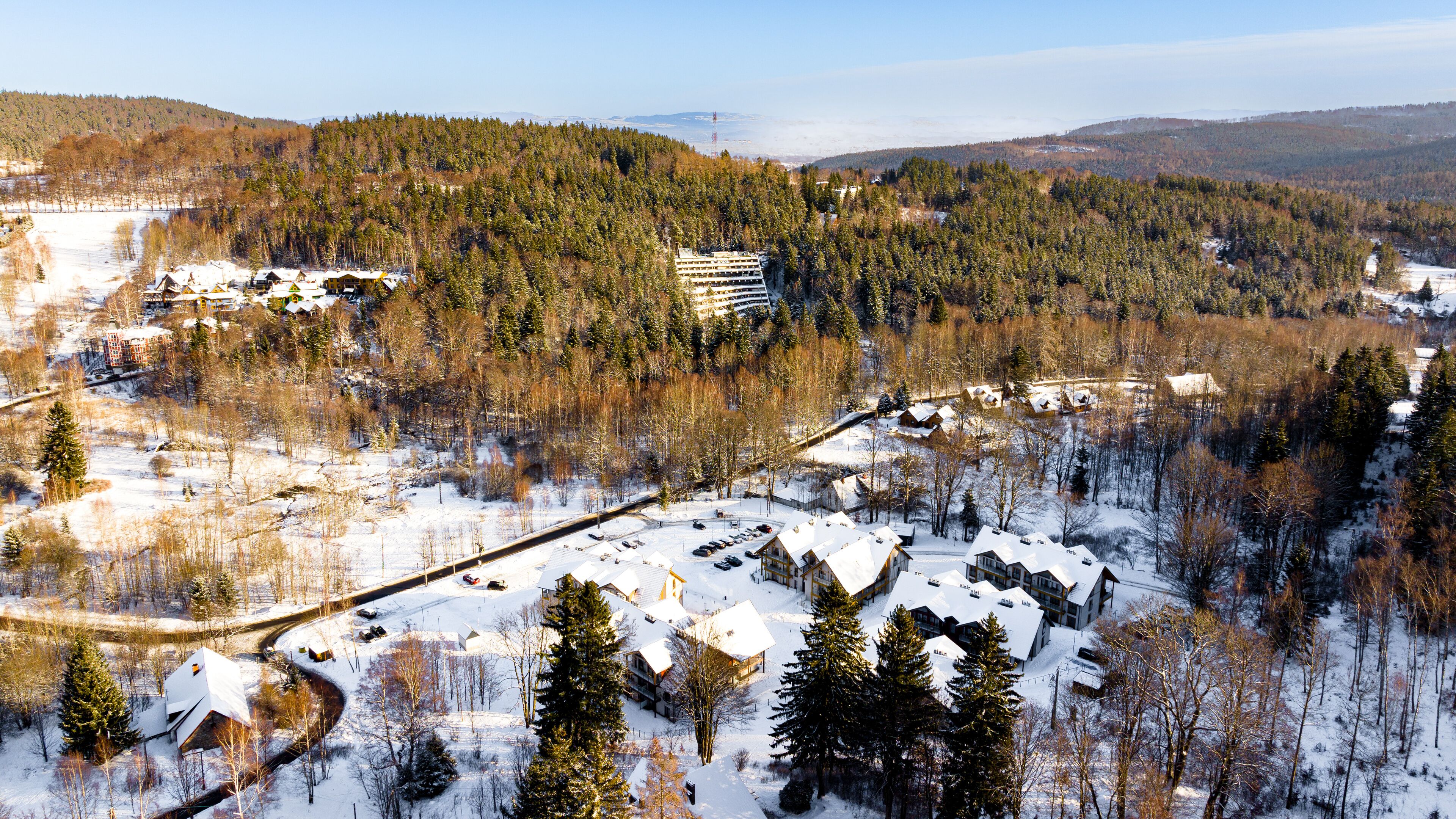 A snow-covered landscape with a cluster of buildings, including a large hotel with multiple floors and a smaller lodge with a snow-covered roof.