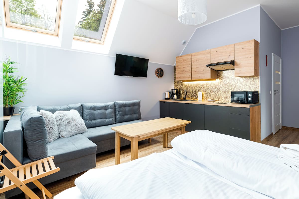 Een compacte kamer met een bank, een klein tafeltje, een bed, een kitchenette en een televisie.