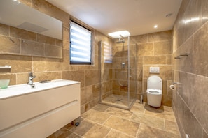 A modern bathroom with a glass-enclosed shower, a white toilet, and a large mirror above a white sink.