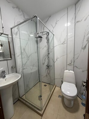 Un baño con ducha vidriada, lavamanos blanco y un inodoro.