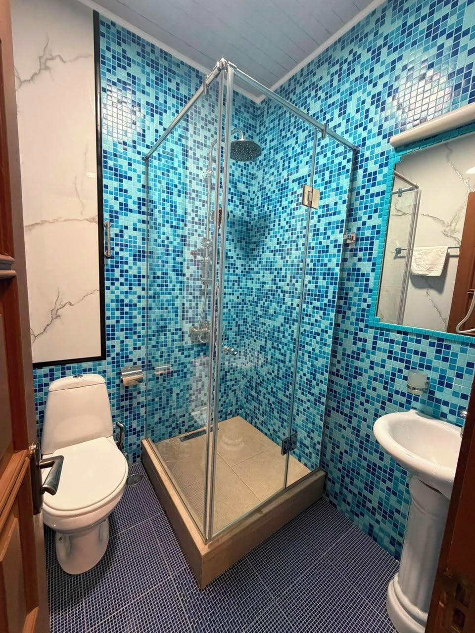 Un baño con ducha de vidrio, inodoro blanco y lavamanos con salpicadero de azulejos.