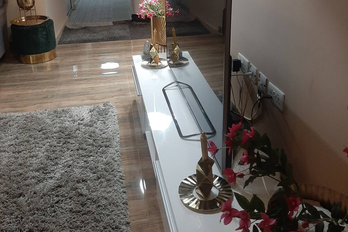 Ein modernes Wohnzimmer mit Flachbildfernseher, Couchtisch, Teppich und Blumentopf.