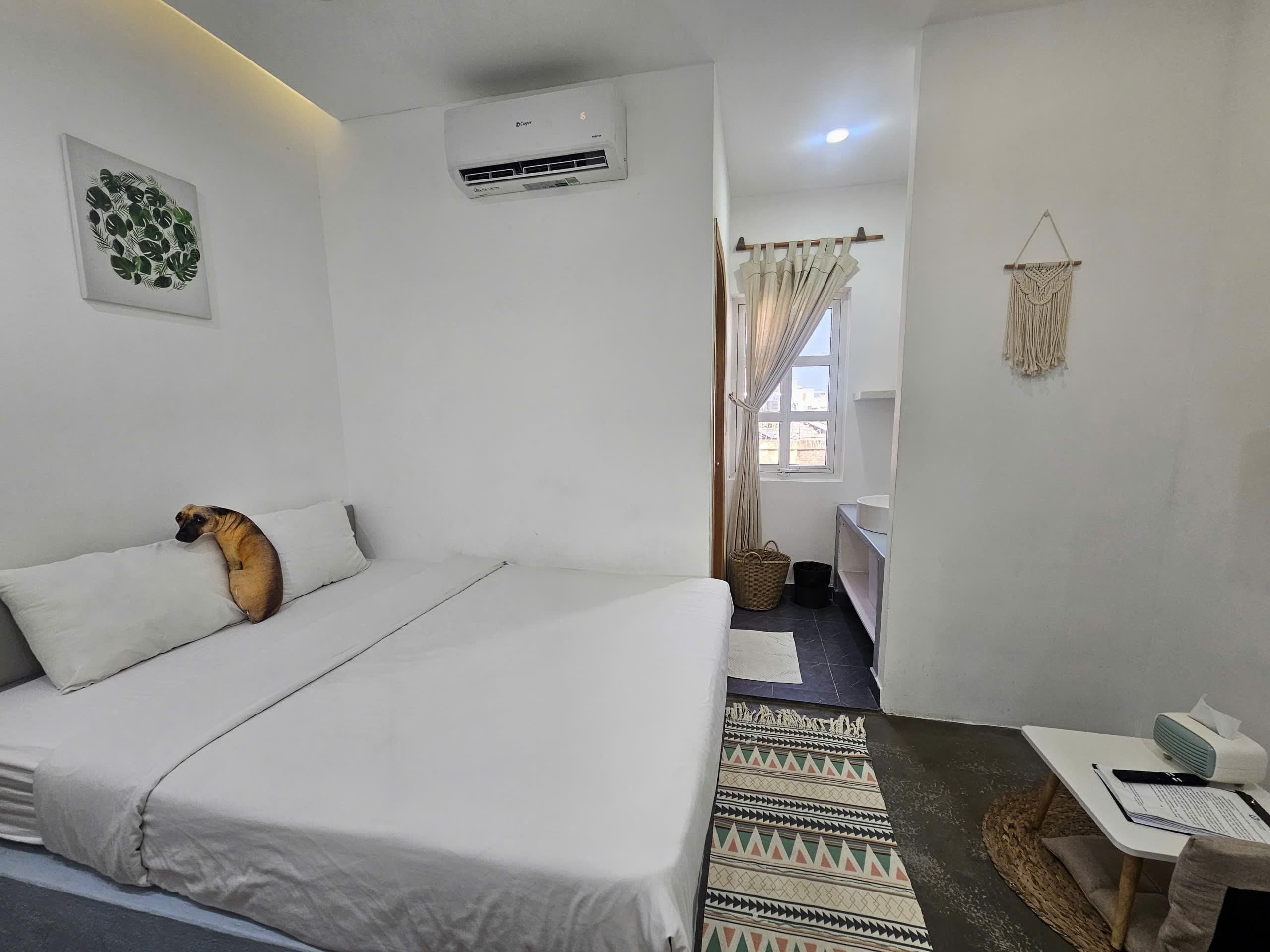 A hotel room with a bed, a desk, a chair, a window with curtains, an air conditioning unit, and a wall-mounted artwork.
