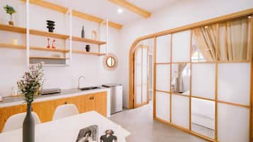 2 bedrooms, desk, blackout drapes, iron/ironing board