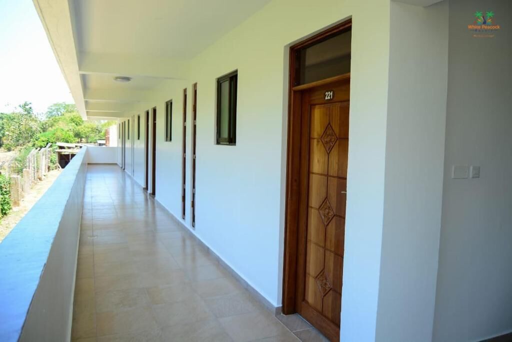 A corridor with a wooden door marked 221, white walls, and a blue railing.