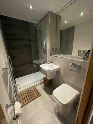 Dusche, Haartrockner, Handtücher, Toilettenpapier