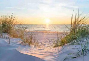 Beach nearby, sun loungers, beach towels