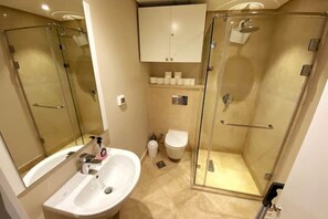 Hair dryer, towels, soap