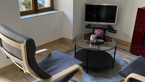 A modern living room with a wooden floor, two grey upholstered chairs, a glass coffee table with a pink flower vase, a flat-screen TV on a stand, and a window with a view of parked cars and greenery outside. - Appartement Avec Sauna et Wifi, au Coeur du Village, Avec vue sur la Montagne (Le Bourg-d'Oisans)