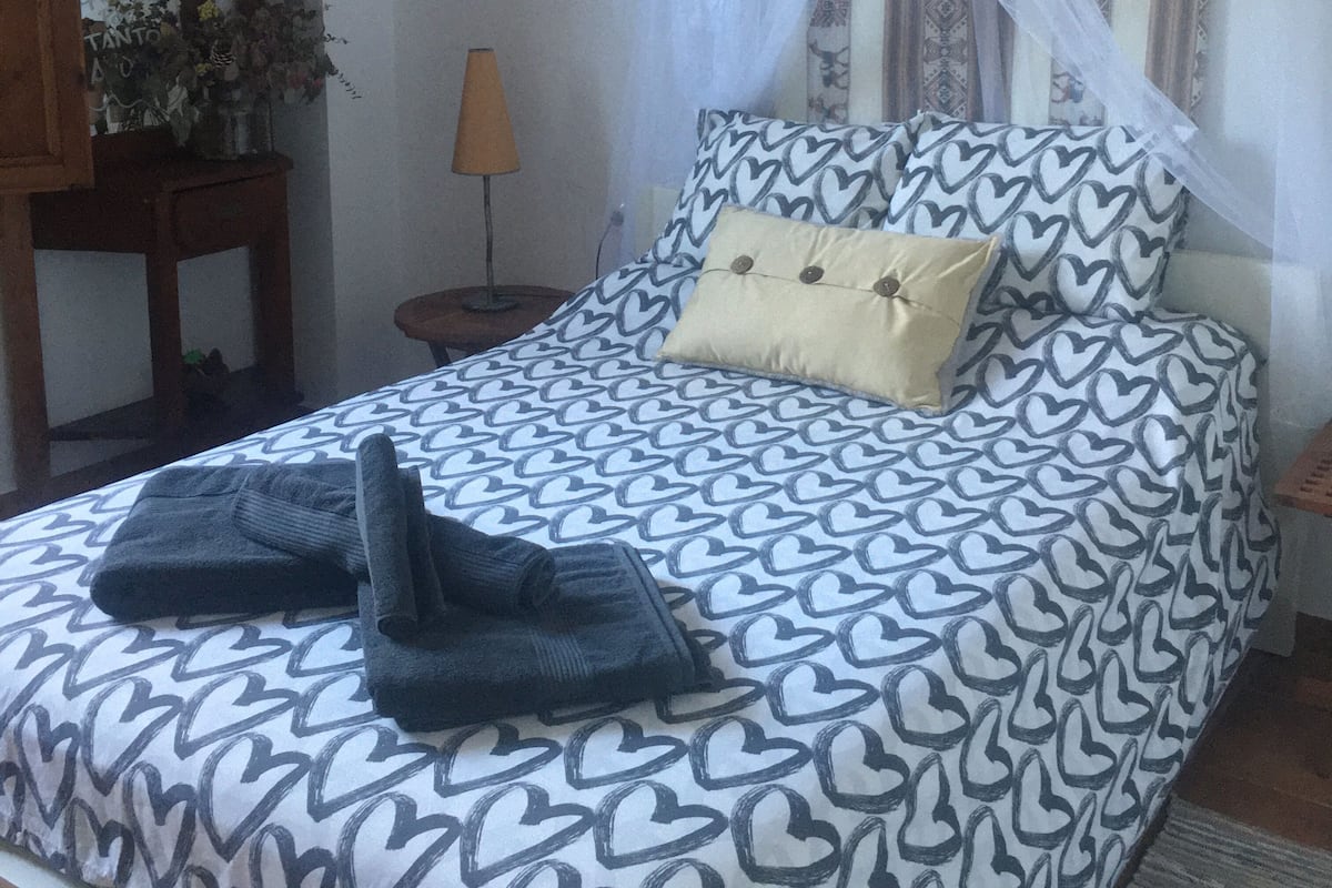 A bed with a patterned bedspread, a canopy, and a bedside table with a lamp.