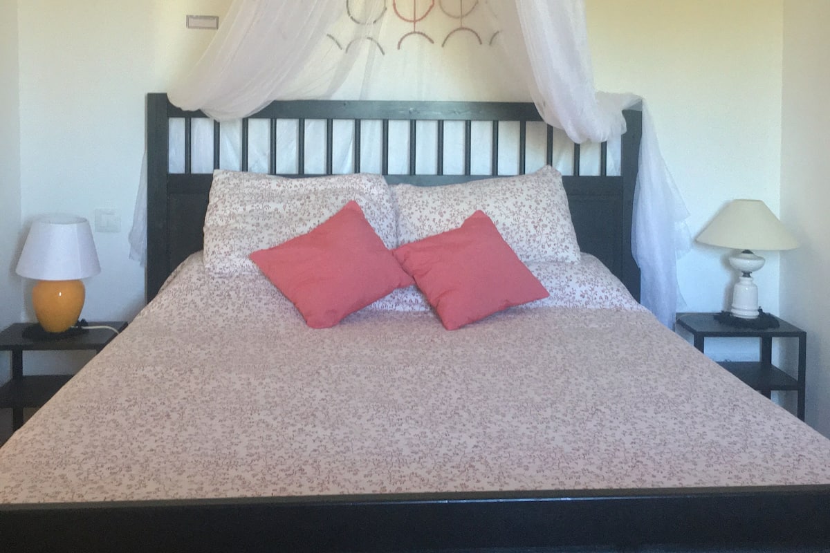 A bed with a canopy, two red pillows, a nightstand with a lamp, and a floral-patterned bedspread.