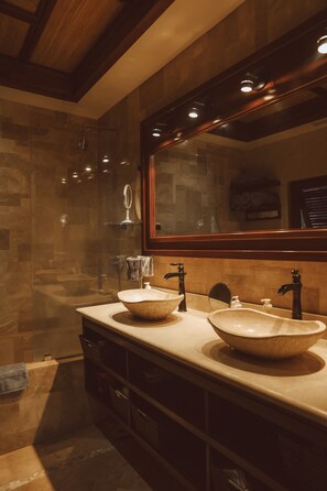 Shower, hair dryer, towels, soap