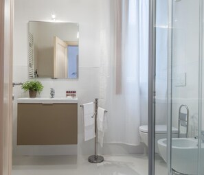 A modern bathroom with a glass shower enclosure, a sink, and a mirror above the vanity. - Accademia Charm 3 by Wonderful Italy (Venice)